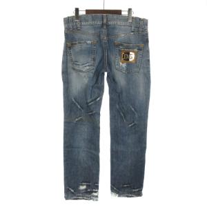 DOLCE&GABBANA デニム パンツ ジーンズ ジーパン ダメージ DGプレート レザー 46 インディゴ