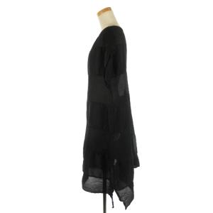 me ISSEY MIYAKE ワンピース 半袖 ひざ丈 フレア 切替 スリット ストレッチ 無地 黒 ブラック