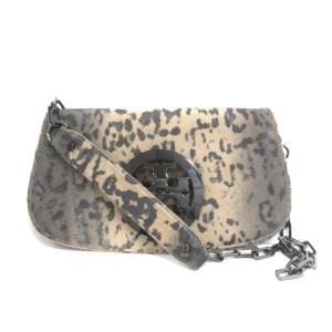 2WAY ショルダー クラッチ バッグ チェーン レオパード柄 ロゴ ベージュ 鞄