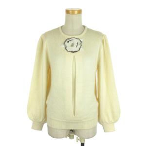 PRET-A-PORTER ニット セーター 花柄 長袖 ボリューム袖 ビーズ シルク ウール タック M アイボリー ECR10