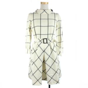 ワンピース チェック ミディ 長袖 ウール ベルト 38 アイボリー