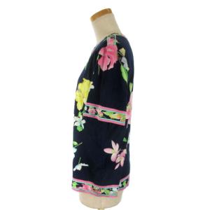 LEONARD FASHION 半袖花柄ラウンドネックカットソー LL ネイビー