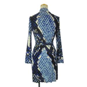 DIANE von FURSTENBERG ワンピース 長袖 スキッパー ひざ丈 総柄 シルク100％ 4 ブルー