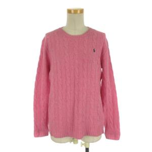 ケーブル ニット セーター 長袖 クルーネック ポニー刺繍 ウール カシミヤ M ピンク