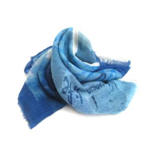 スカーフ 大判 花柄 総柄 コットン シルク混 ブルー