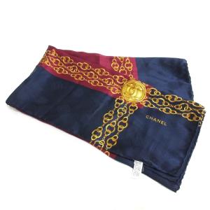 ゴールドチェーン柄 ココマーク スカーフ シルク 大判 ネイビー