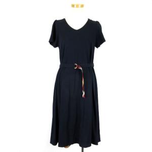 カットソー ワンピース ひざ丈 半袖 裏地チェック ベルト 55J76-769-29 38 ネイビー