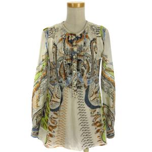 チュニック カットソー 長袖 ペイズリー シルク混 ハーフボタン ピンタック 38 ホワイト