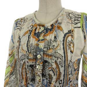 ETRO チュニック カットソー 長袖 ペイズリー シルク混 ハーフボタン ピンタック 38 ホワイト