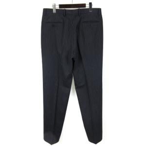 HERMES ストライプ スラックス パンツ ロング ストレッチ ジッパーフライ ウール 44 ネイビー