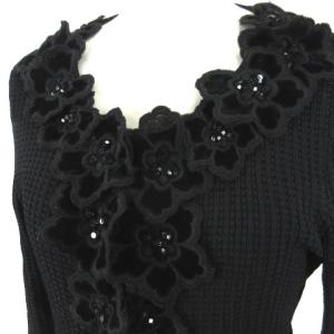EPOCA 花柄 ニット カーディガン 長袖 刺繍 クルーネック 40 ブラック