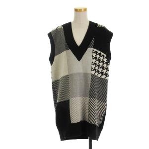 ブロックチェック ニット ベスト Vネック コットン ブラック 36