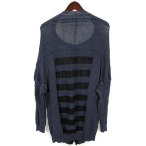 Y's カーディガン 長袖 変形 ボーダー ラウンドネック リネン混 2 ネイビー ブラック ECS