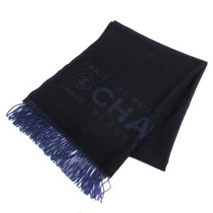 ストール マフラー ロゴ 大判 フリンジ カシミヤ ネイビー パープル ECS AA