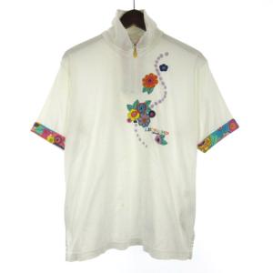 ハーフジップ 花柄 カットソー 半袖 刺繍 ホワイト L 230525E