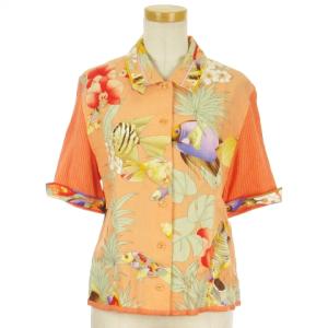 LEONARD SPORT ニット シャツ 切替 半袖 花柄 リネン オレンジ L