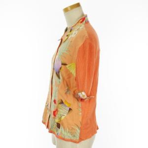 LEONARD SPORT ニット シャツ 切替 半袖 花柄 リネン オレンジ L