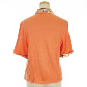 LEONARD SPORT ニット シャツ 切替 半袖 花柄 リネン オレンジ L