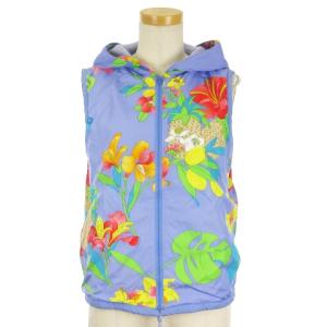 リバーシブル ニット ベスト ジップアップ フード 花柄 総柄 ブルー系 M