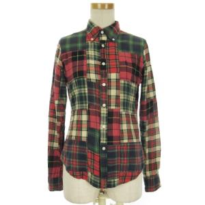 チェック シャツ 長袖 ボタンダウン ラウンドヘム コットン 9 レッド系