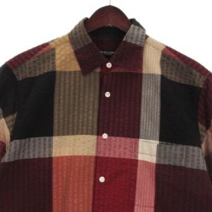 BLACK LABEL CRESTBRIDGE シアサッカー チェック シャツ 半袖 コットン リネンブレンド レッド系 M