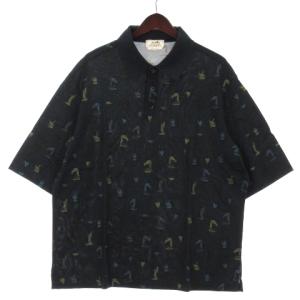 22SS ポロシャツ 半袖 チェス柄 総柄 鹿の子 コットン イタリア製 ネイビー XL