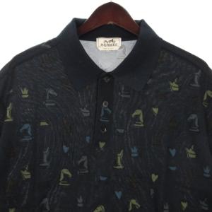 HERMES 22SS ポロシャツ 半袖 チェス柄 総柄 鹿の子 コットン イタリア製 ネイビー XL