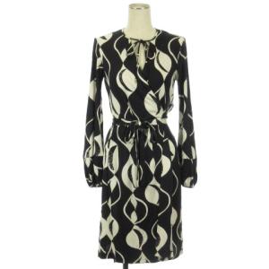 カシュクール ワンピース ひざ丈 長袖 ストレッチ シルク 総柄 ブラック系 2 GY06