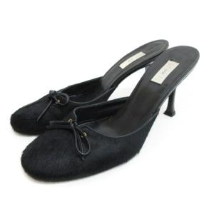 ハラコ ミュール リボン 36.5 ブラック 230808E