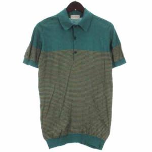 ポロシャツ ニット 半袖 ボーダー コットン 英国製 グリーン S