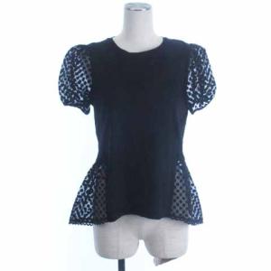 タグ付き リブニット カットソー 半袖 レース 切替 ブラック 38