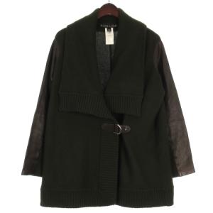 ニット カーディガン 切替 レザー ジャケット ウール カシミヤミックス カーキ S