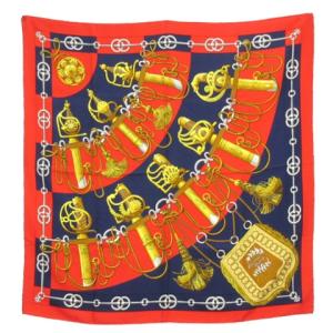 Cliquetis カレ 90 スカーフ 剣柄 総柄 シルク オレンジ AA