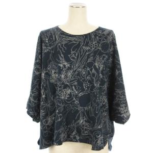 Tシャツ カットソー 七分袖 ドルマンスリーブ 総柄 コットン ネイビー M ECS