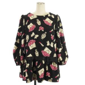 フリル チュニック ブラウス 長袖 香水柄 総柄 910515 ブラック 40