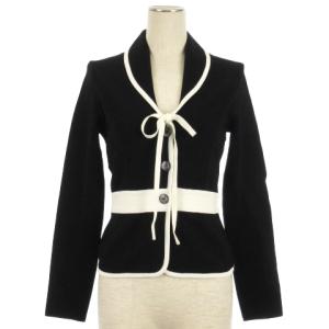 フロントリボン ニット ジャケット カーディガン イタリア製 バイカラー ブラック S
