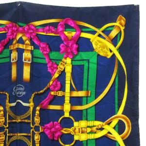 HERMES Crano Manage カレ90 大調教術 スカーフ シルク フランス製 ブルー