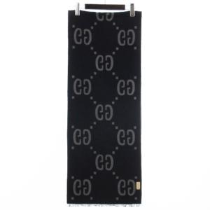 GUCCI GGジャガード ウールシルク スカーフ 495592 グレー ネイビー