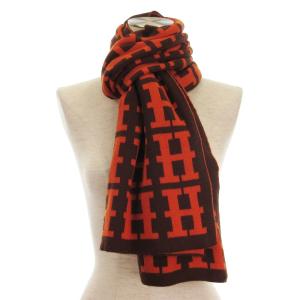HERMES Hロゴ マフラー ショール 総柄 オレンジ