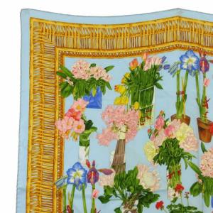 GUCCI フラワー 大判 スカーフ 総柄 シルク イタリア製 ライトブルー