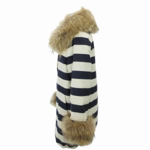 Diagram ボーダーダウンジャケット コート ファー切替 フード付き ドローコード 38 M 紺 ネイビー 白 ホワイト