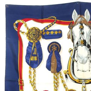 HERMES Frontaux et Cocardes カレ90 スカーフ シルク フランス製 ブルー系