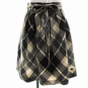 チェック プリーツスカート ロゴ刺繍 ウエストリボン付き 34 グレー アイボリー