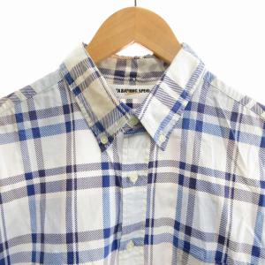 A BATHING APE チェックシャツ ボタンダウン 半袖 XL 青 ブルー 白 ホワイト