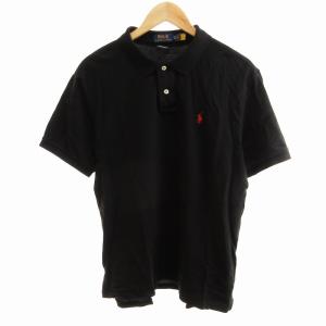 ポロシャツ 半袖 カットソー ２ボタン ロゴ刺繍 ワンポイント ブラック 黒 XL