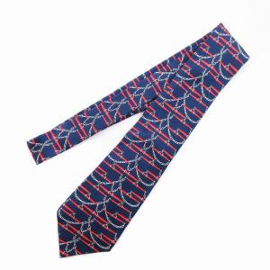 HERMES ネクタイ チェーン柄 総柄 絹 シルク 紺 ネイビー 赤 レッド