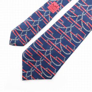 HERMES ネクタイ チェーン柄 総柄 絹 シルク 紺 ネイビー 赤 レッド