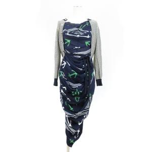 フェイクレイヤード ワンピース ニット 長袖 シフォン ボーダー 総柄 ネイビー S 241017E