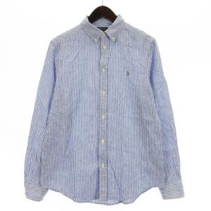 ストライプ リネン ボタンダウン シャツ 長袖 ブルー XL 241015E