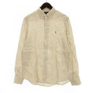 ストライプ リネン ボタンダウン シャツ 長袖 ベージュ XL 241015E